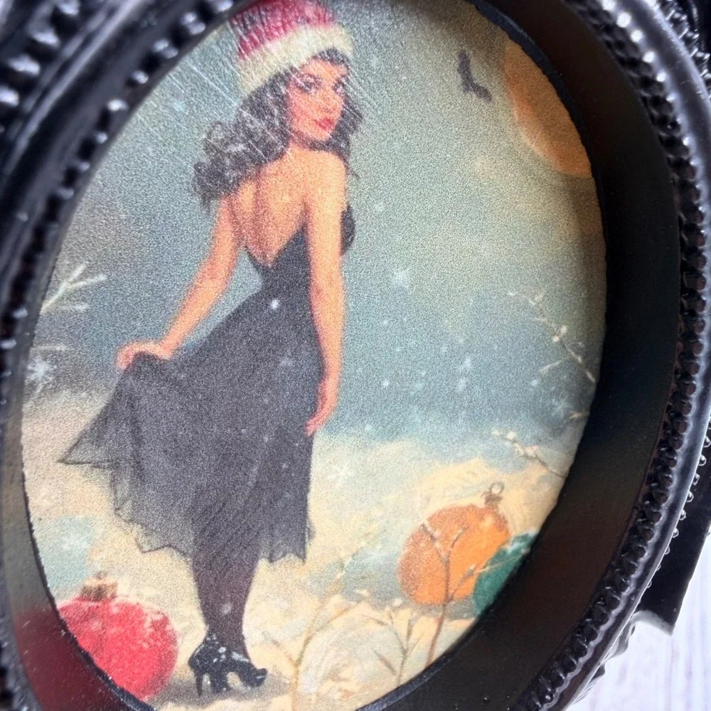 Vintage Pinup Girl Christmas Art Black Ornate Resin Frame Decoupage